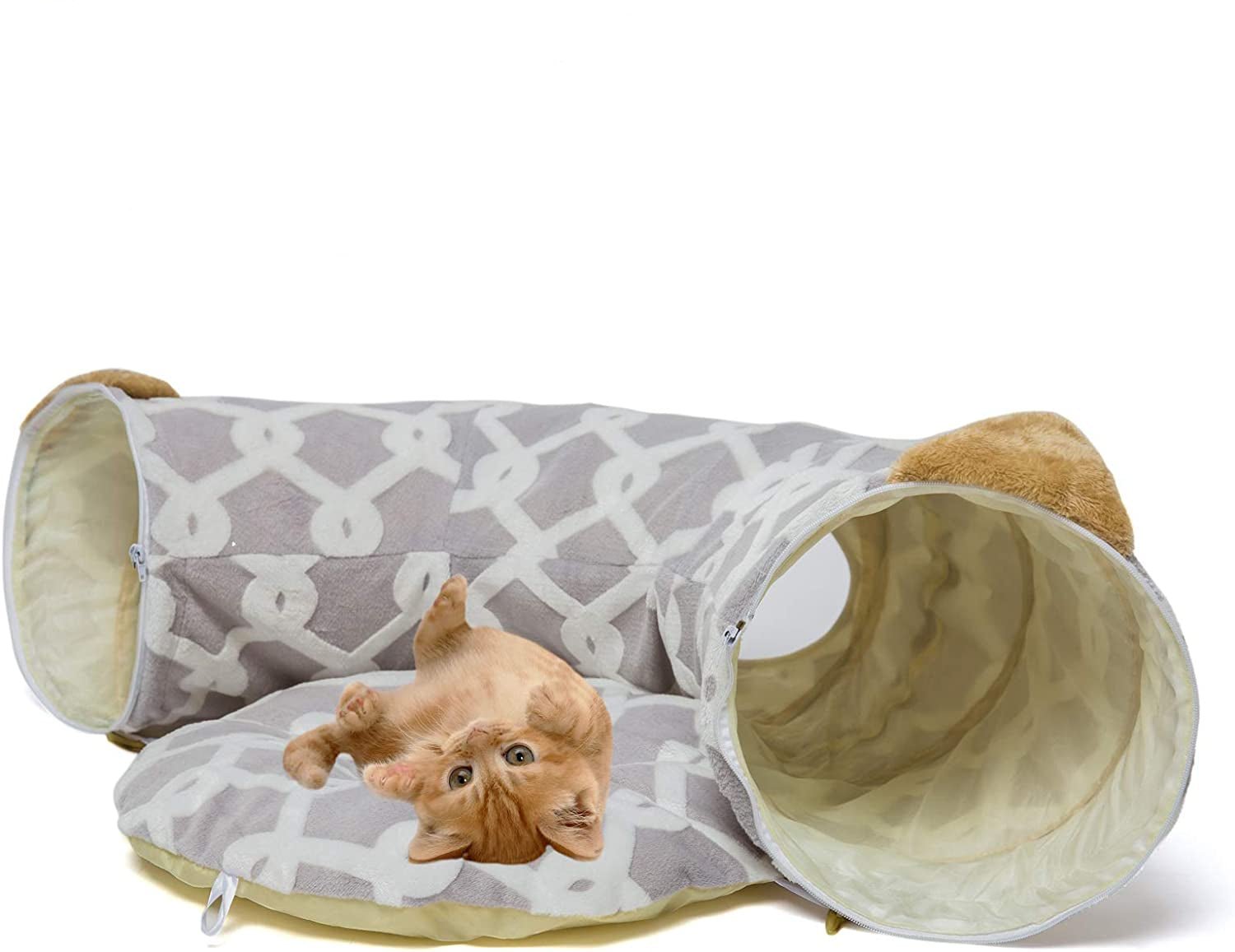 Cat Dog Tunnel Bed with Cushion Tube Toys Oxford Cloth Large Diameter Longer Crinkle Collapsible 3 Way for Large Cats Kittens Kitty Small Puppy Outdoor 3FT