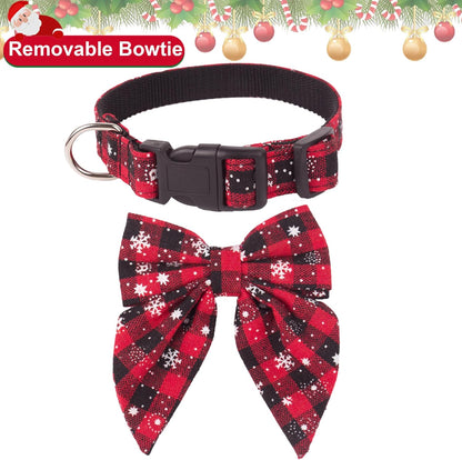 Christmas Dog Collar with Bow, Adjustable Cotton Red Bowtie Dog Christmas Collars for Large Dogs Pets (Large, Black & Red)