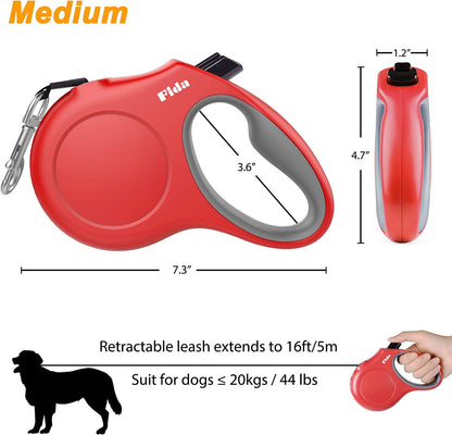 Retractable Dog Leash with Dispenser and Poop Bags for X-Small/Small/Medium/Large Breed, 16 Ft Heavy Duty Pet Walking Leash, Anti-Slip Soft Handle, Reflective Strong Nylon Tape, One-Handed Brake